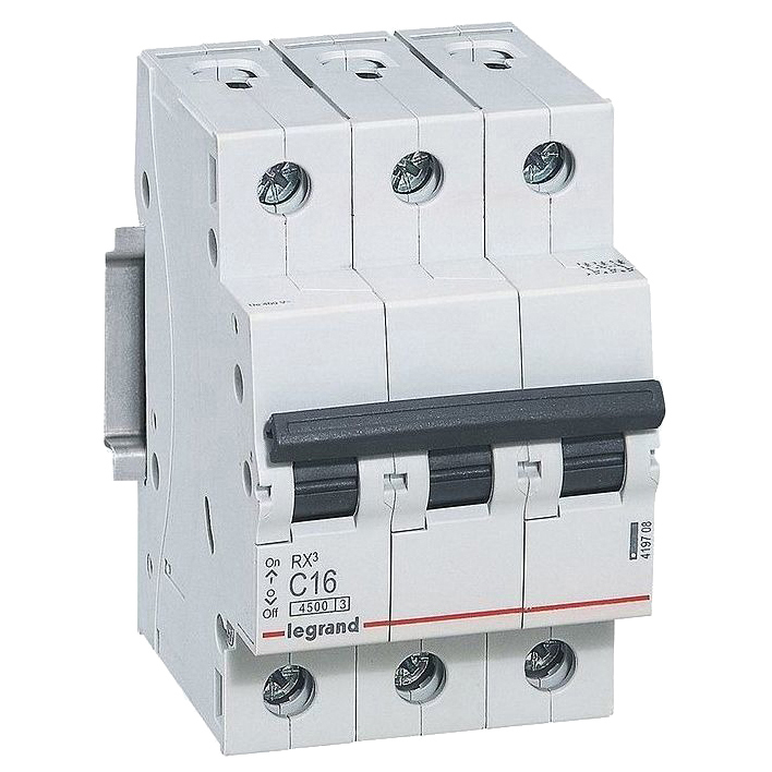 Автоматический выключатель трехполюсный Legrand RX3 3Р 16А (С) 4.5кА, сила тока 16 А, тип расцепления C, переменный, отключающая способность 4.5 kА